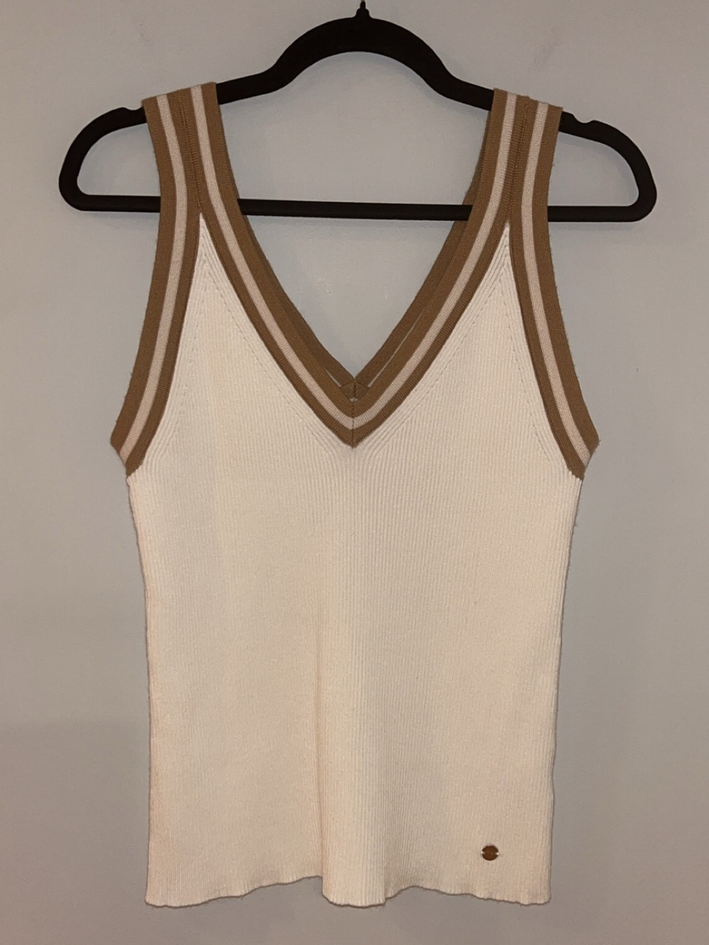 Tommy Hilfiger Cream V-Neck Knit Tank with Tan Trim